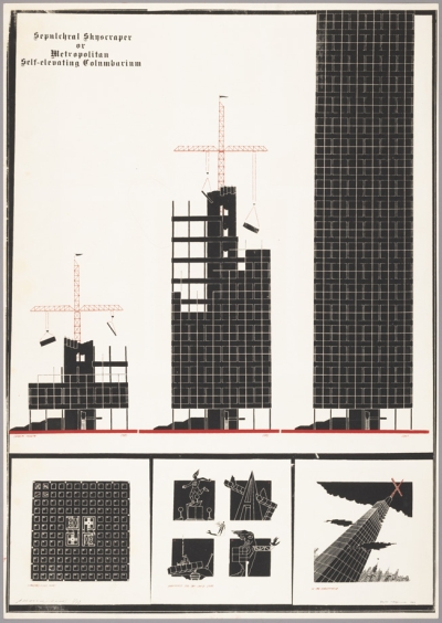 Yuri Avvakumov, Mikhail Belov. Sepulchral skyscraper or Self-elevating metropolitan columbarium, 1983. Silkscreen on paper. Private collection